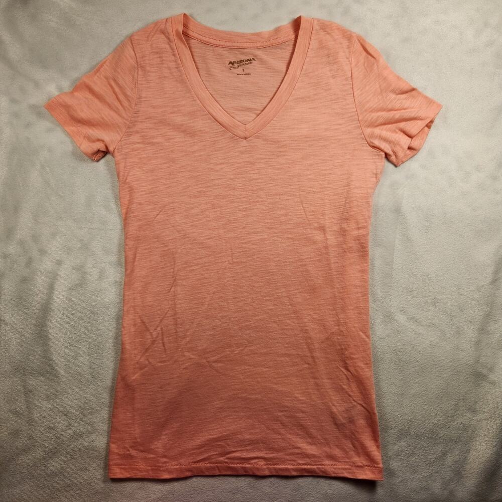 ARIZONA JEAN CO Sheer Layering Stretchy Coral Pink V-Neck Tee Shirt - Small